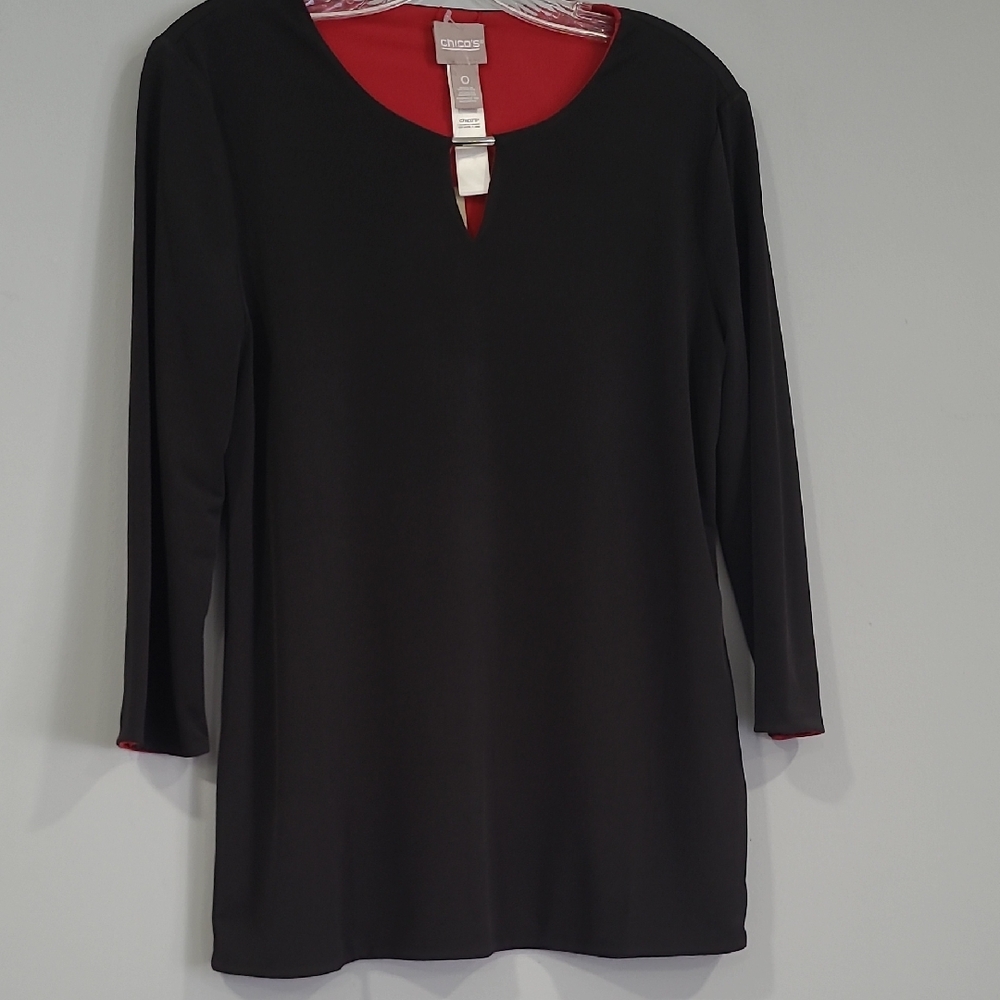 Chico's Black/red APPAREL REVERSIBLE KEYHOLE 3QTR TOP/BLOUS 3/4 SLV FASHION Sz 0